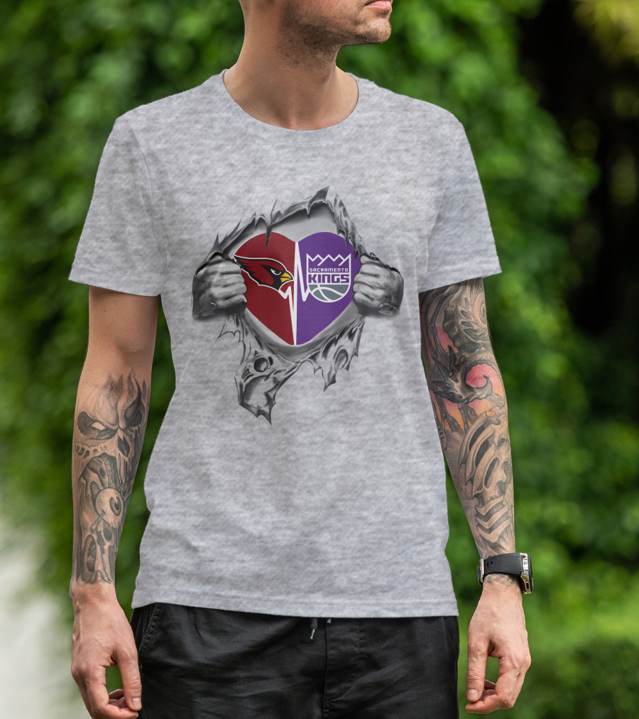 Cardinals Sacramento Kings Heart With Logos Tearing Through Gray T-Shirt