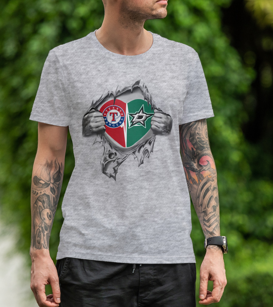 Texas Rangers Dallas Stars Heart Logo Peeking Through T-Shirt