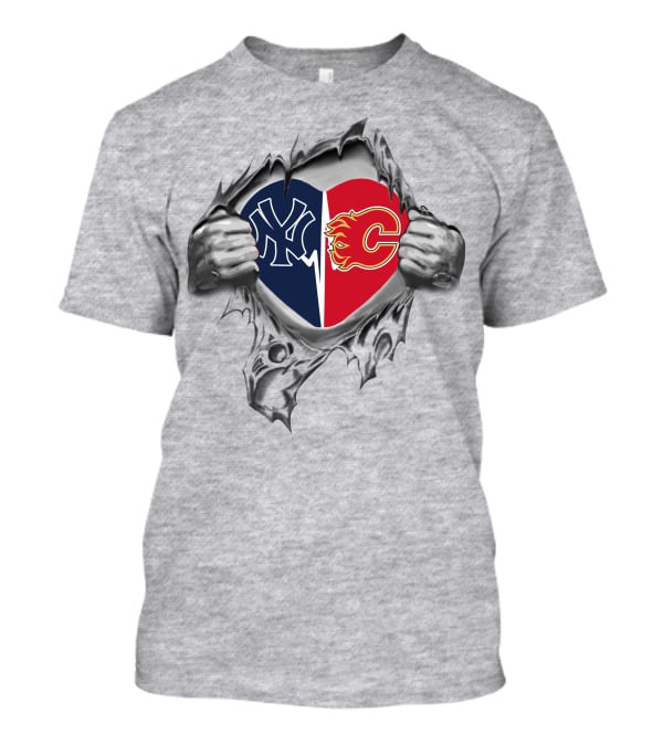 Yankees Calgary Flames Dual Heart Logo Tear T-Shirt