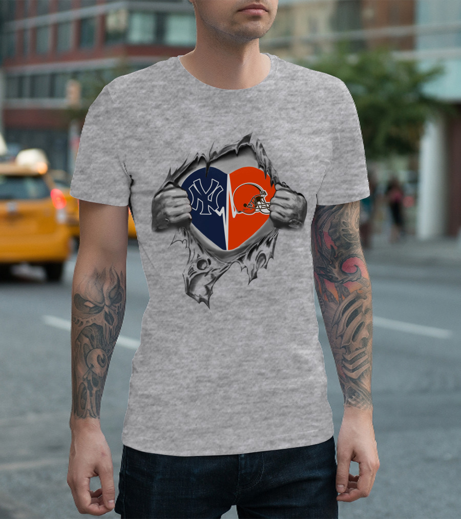 Yankees Cleveland Browns Heart Logos Fan Loyalty T-Shirt