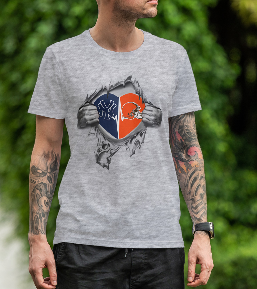 Yankees Cleveland Browns Heart Logos Fan Loyalty T-Shirt