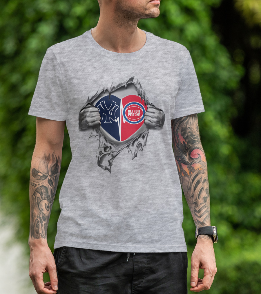Yankees Detroit Pistons Heart Design With Logos Torn Fabric Effect T-Shirt