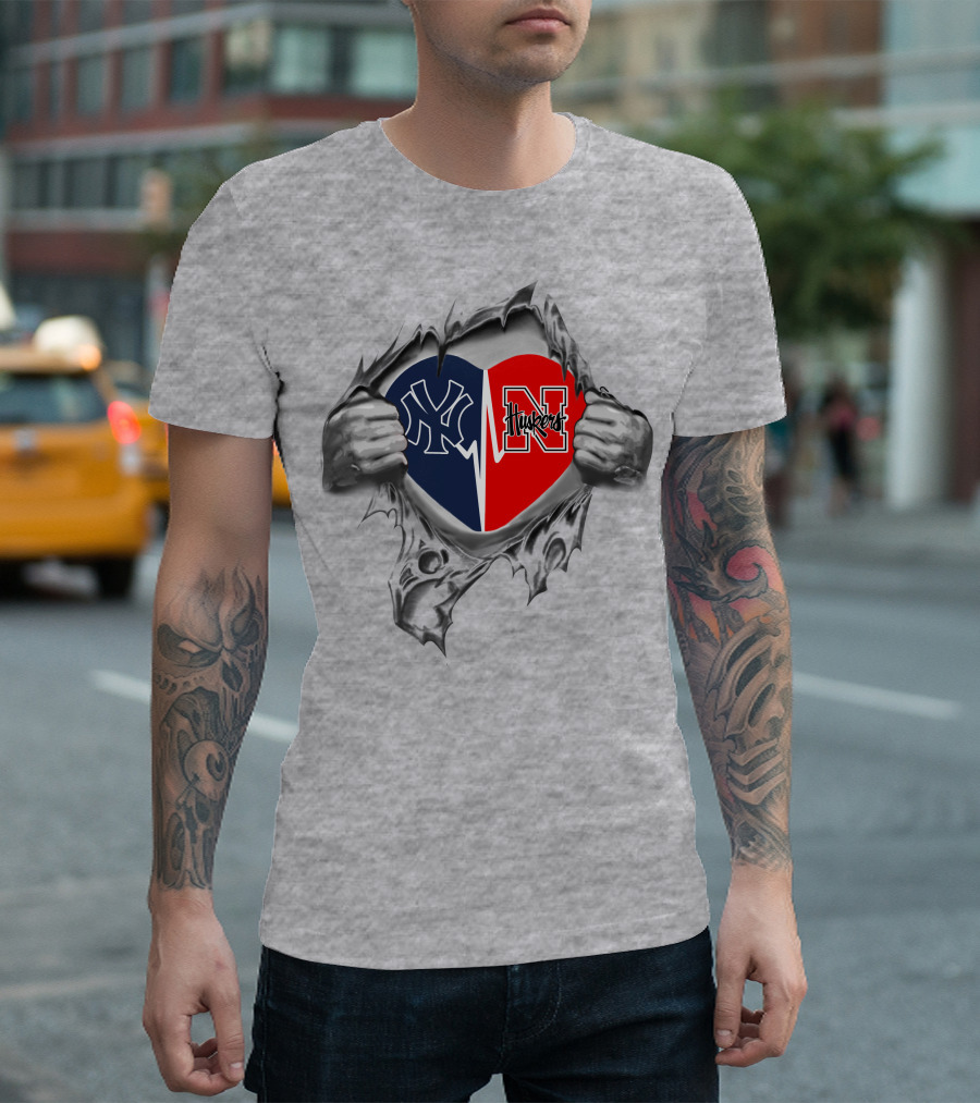 Yankees Cornhuskers Dual Heart Allegiance T-Shirt