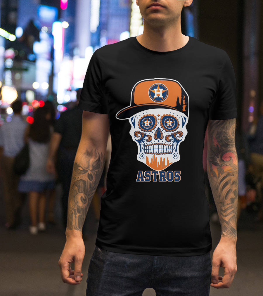 Astros Skull With Cap And Houston Skyline Motif T-Shirt