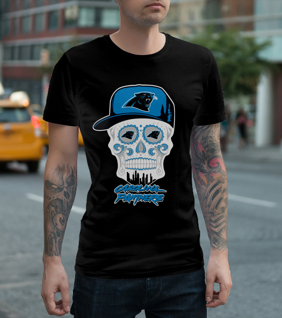 Carolina Panthers Skull With Hat And Skyline T-Shirt