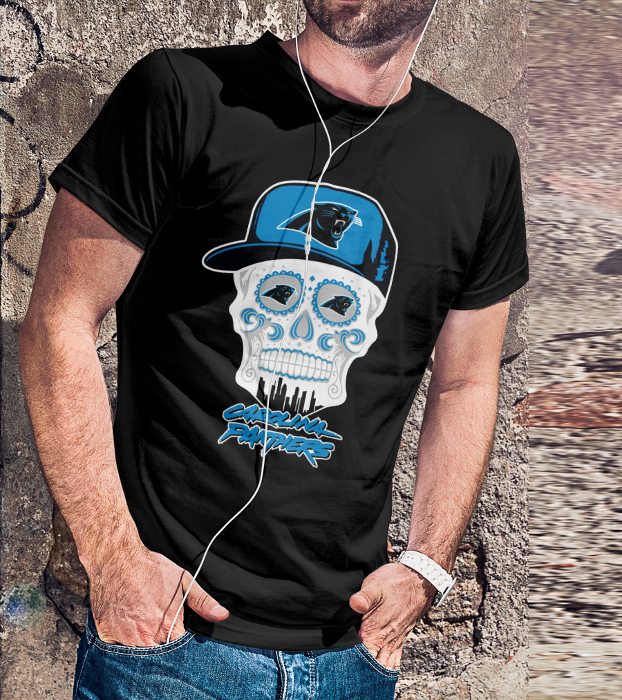 Carolina Panthers Skull With Hat And Skyline T-Shirt