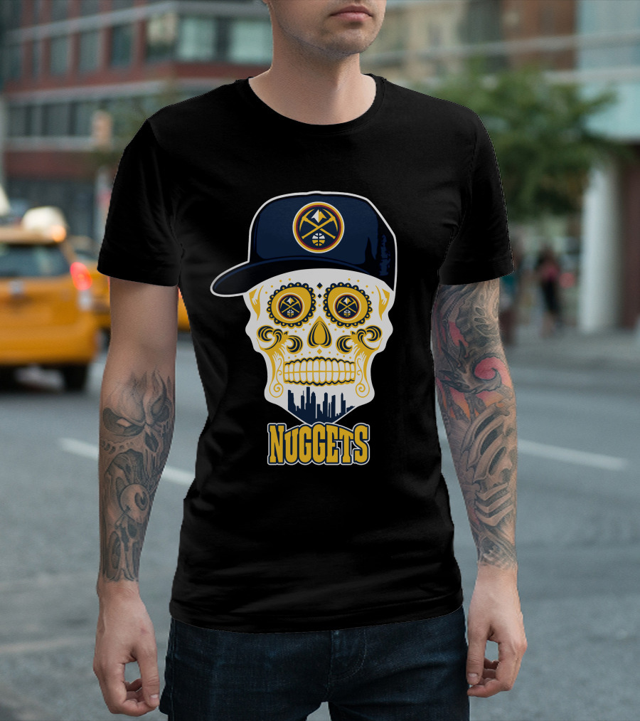 Denver Nuggets Skull Design With Cap And City Silhouette T-Shirt