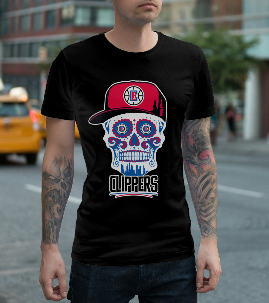 La Clippers Skull Cap Basketball Skyline T-Shirt