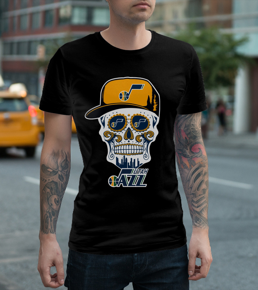 Utah Jazz Skull With City Skyline And Jazz Logo Cap T-Shirt