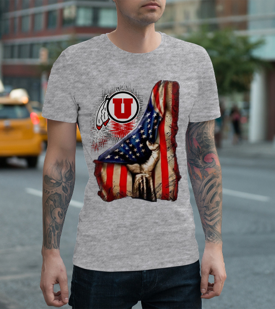 Utah Utes American Flag Background And Hand T-Shirt