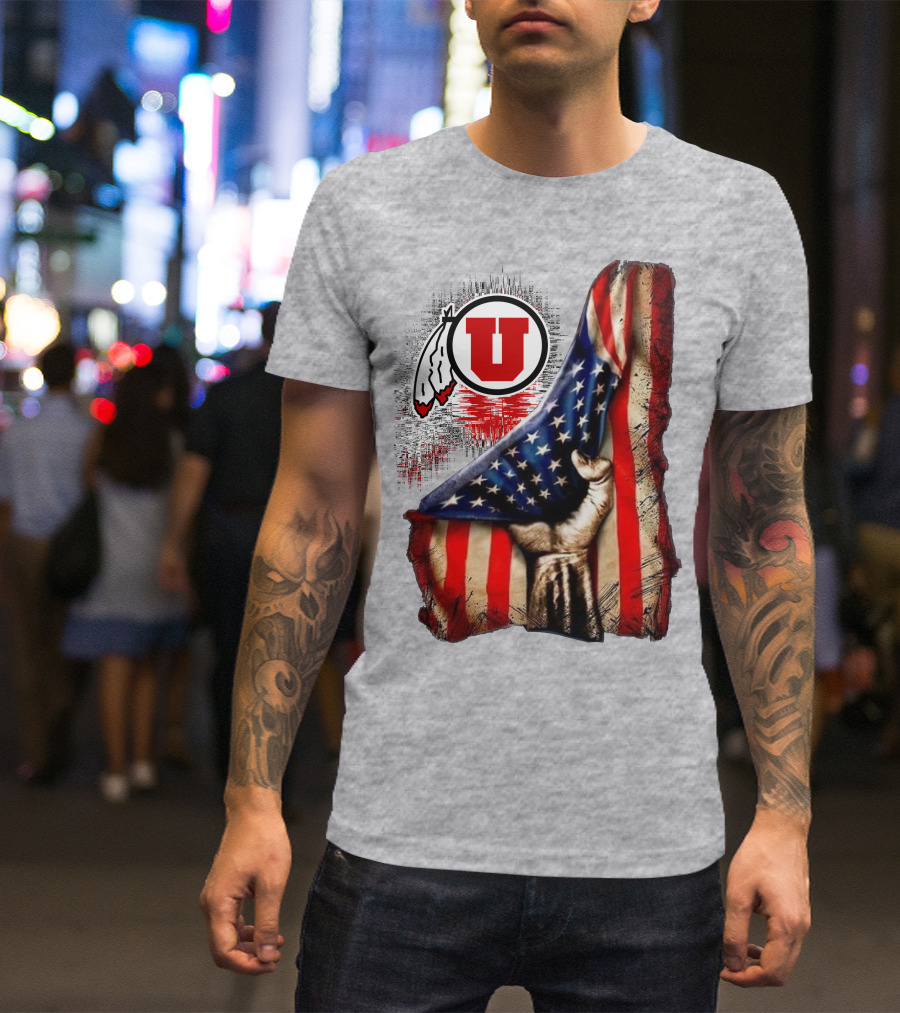 Utah Utes American Flag Background And Hand T-Shirt