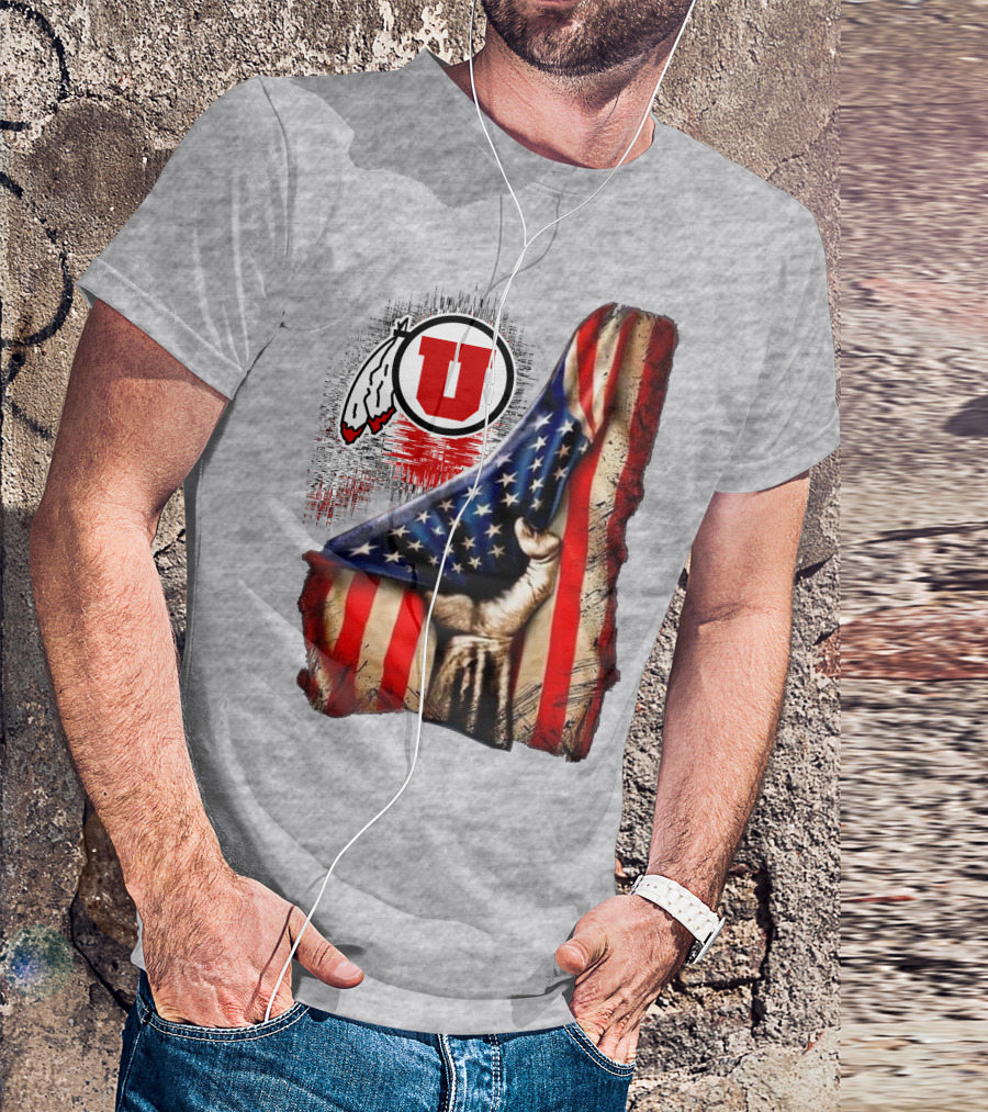 Utah Utes American Flag Background And Hand T-Shirt