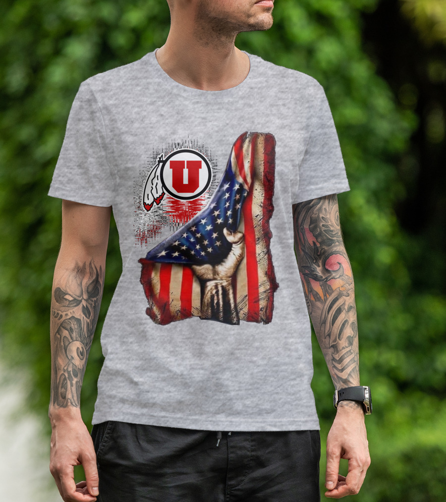 Utah Utes American Flag Background And Hand T-Shirt