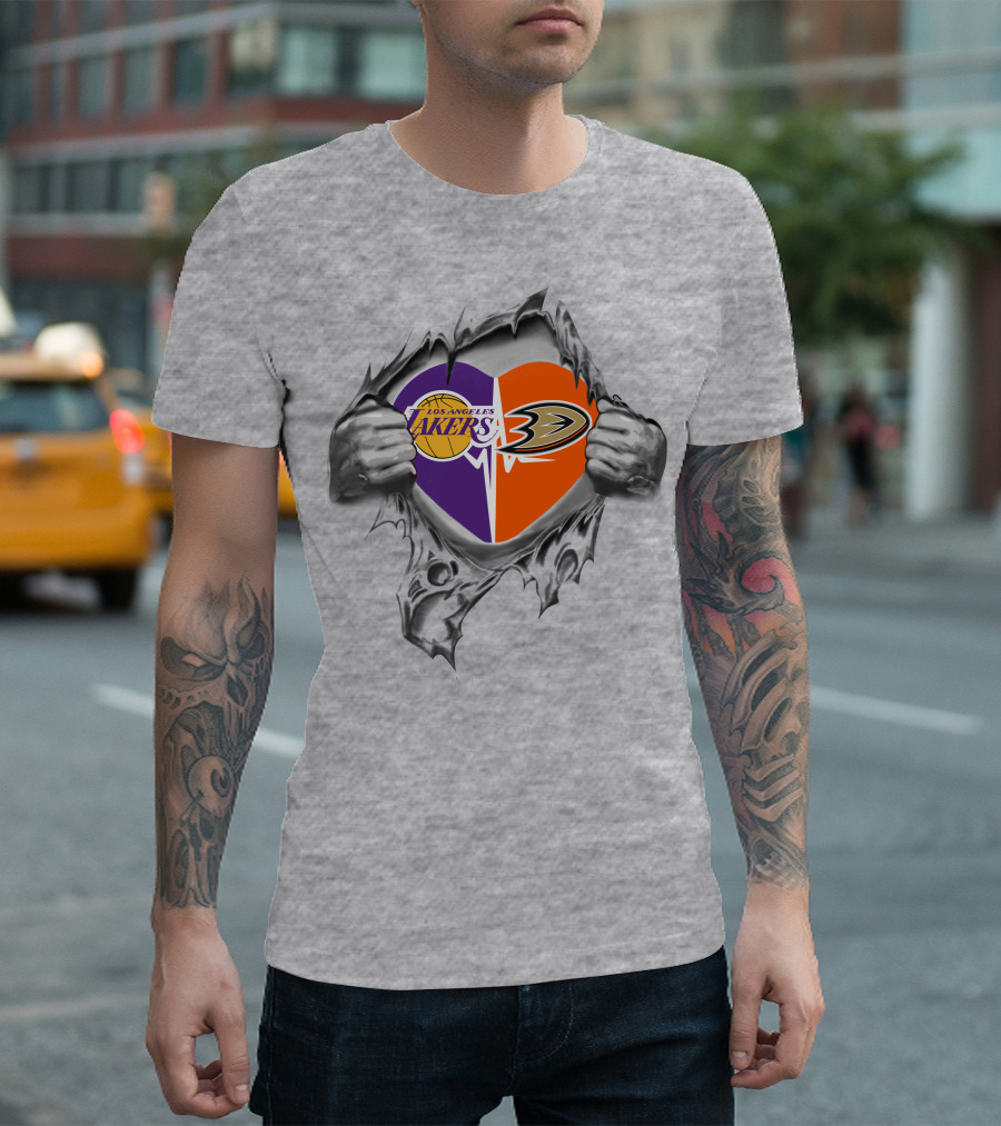 Los Angeles Lakers Anaheim Ducks Heart Torn Metal T-Shirt