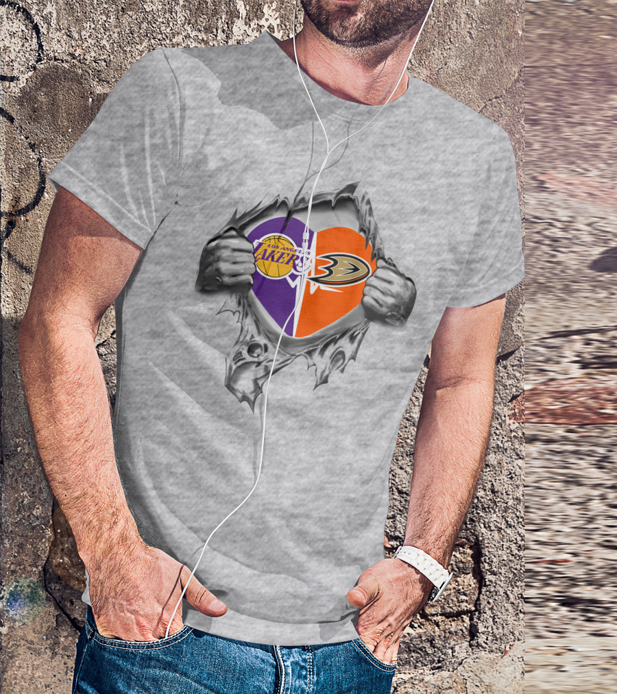 Los Angeles Lakers Anaheim Ducks Heart Torn Metal T-Shirt