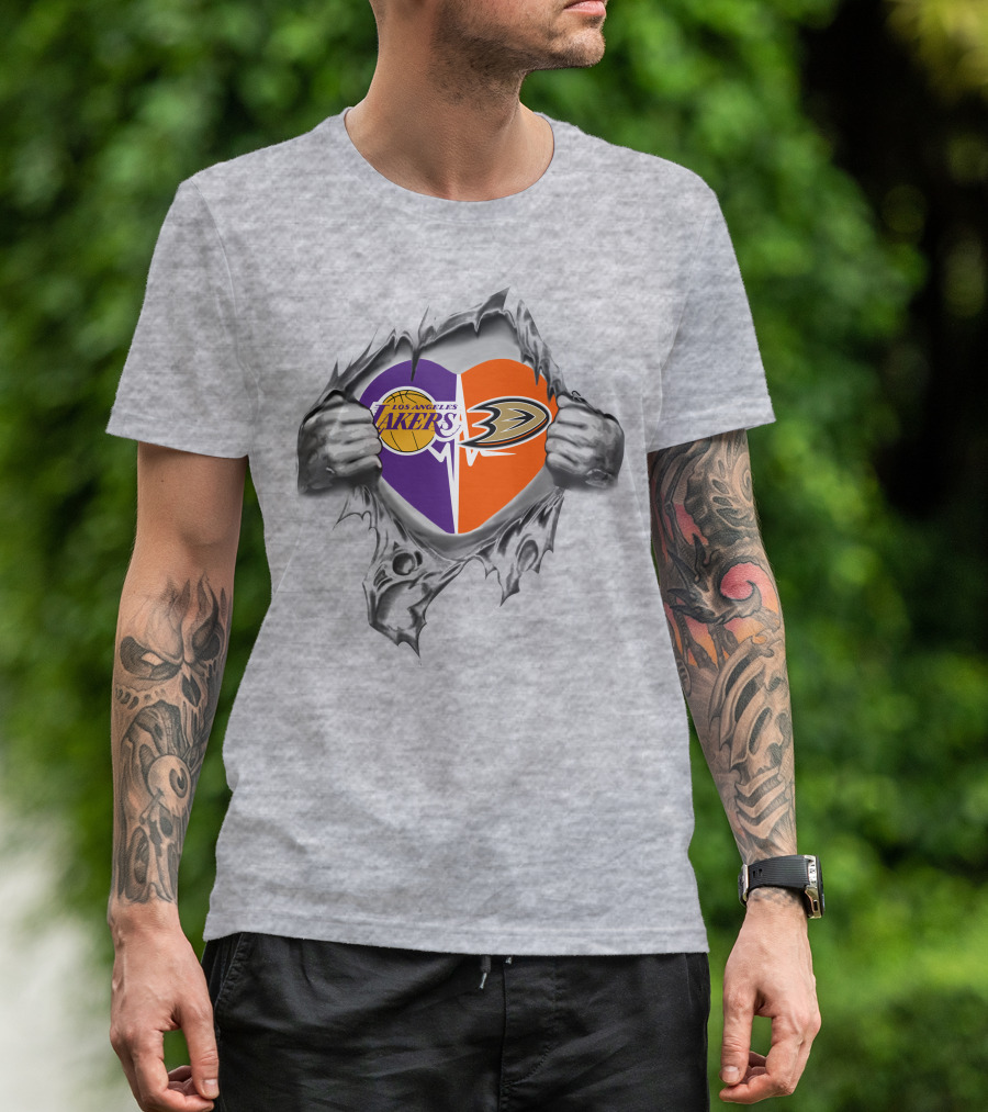 Los Angeles Lakers Anaheim Ducks Heart Torn Metal T-Shirt