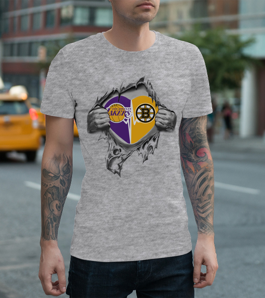 Lakers Boston Bruins Heart With Logos And Torn Ripping Effect T-Shirt