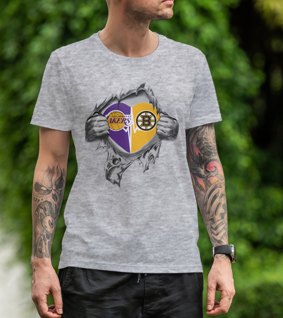 Lakers Boston Bruins Heart With Logos And Torn Ripping Effect T-Shirt
