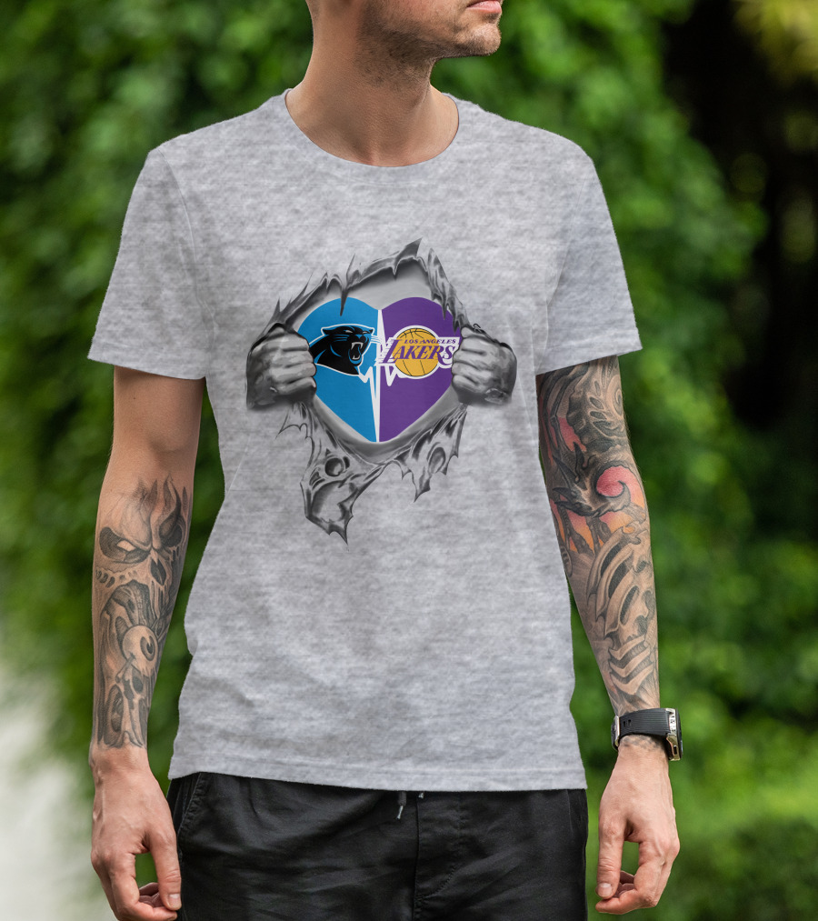 Lakers Carolina Panthers Heart Tear Logo Combo T-Shirt