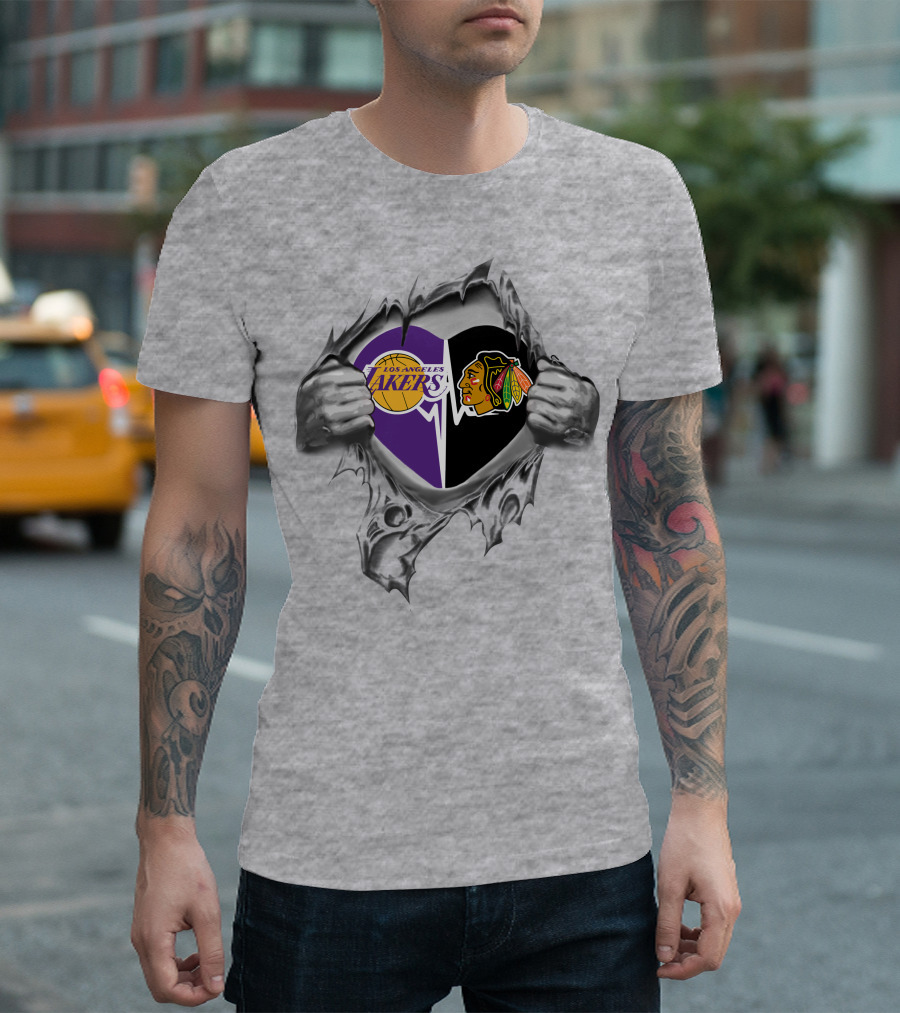 Los Angeles Lakers Chicago Blackhawks Heart Logo Fusion T-Shirt