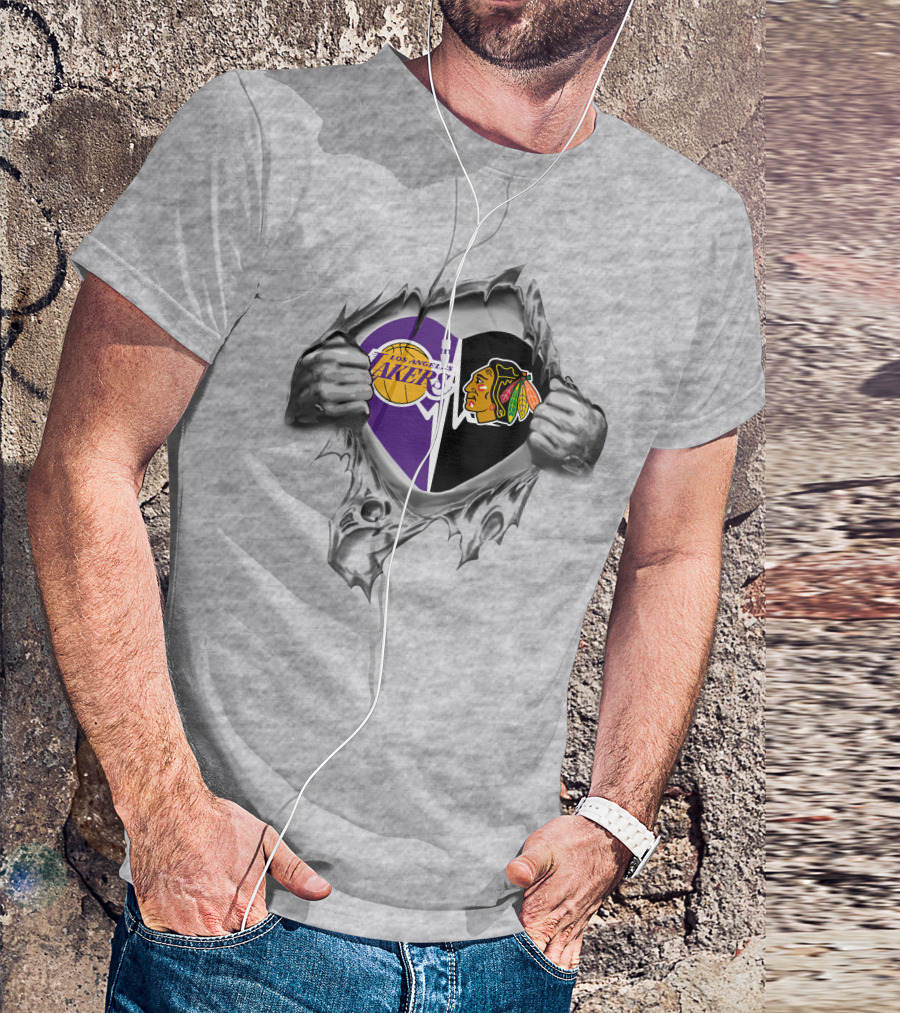 Los Angeles Lakers Chicago Blackhawks Heart Logo Fusion T-Shirt