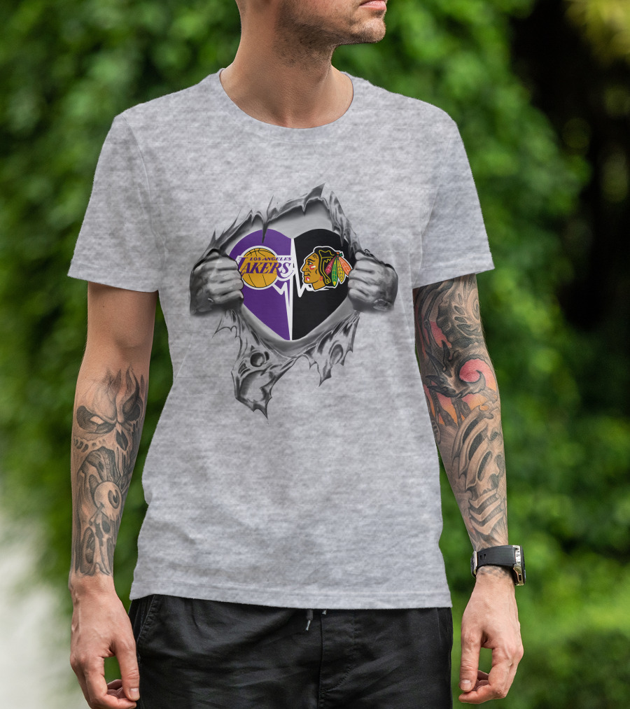 Los Angeles Lakers Chicago Blackhawks Heart Logo Fusion T-Shirt
