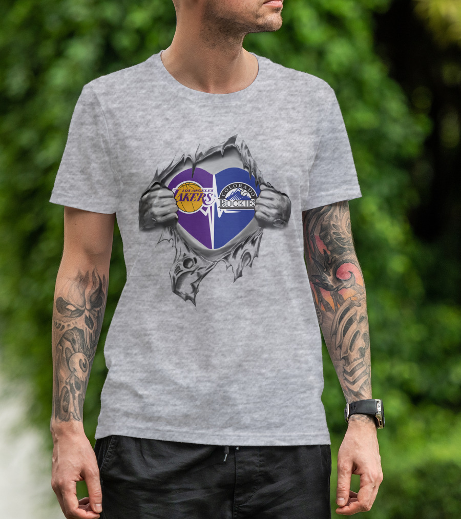 Los Angeles Lakers Colorado Rockies Heart Symbol With Hands Tearing Through Material T-Shirt