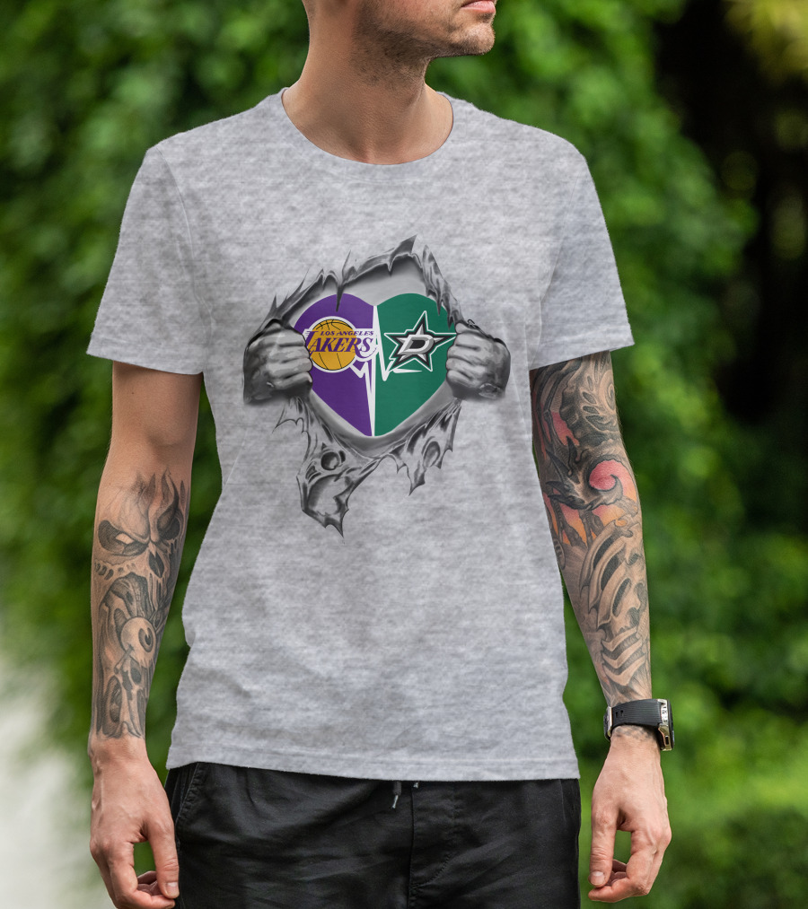 Los Angeles Lakers Dallas Stars Heart Symbol With Torn Hands T-Shirt