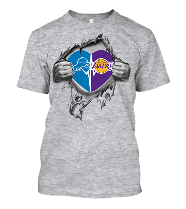 Los Angeles Lakers Detroit Lions Heart Symbol With Torn Metal Effect T-Shirt