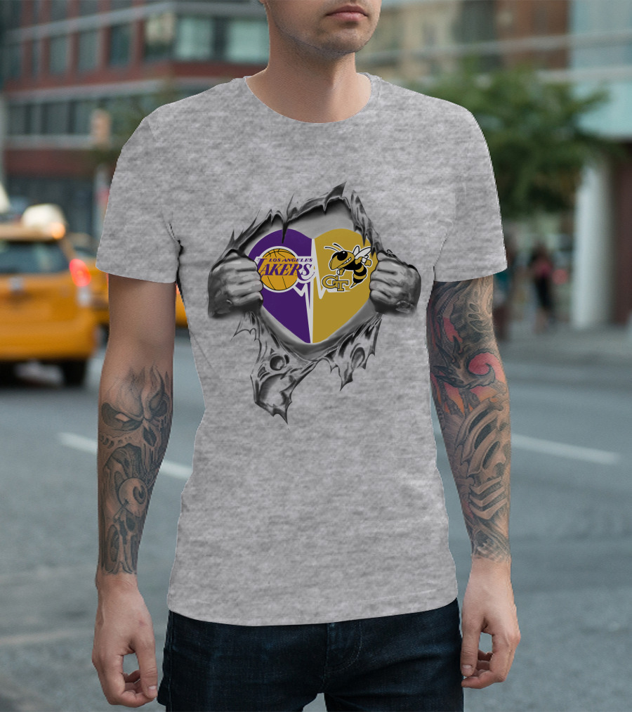 Los Angeles Lakers Georgia Tech Yellow Jackets Heart Combination T-Shirt