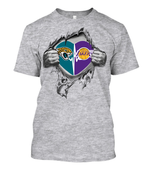 Lakers Jacksonville Jaguars Heart Logos With Hands And Torn Fabric T-Shirt