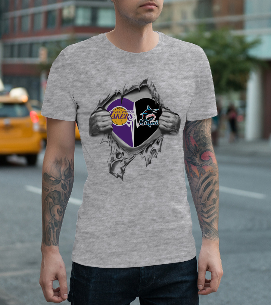 Los Angeles Lakers Miami Marlins Heart T-Shirt