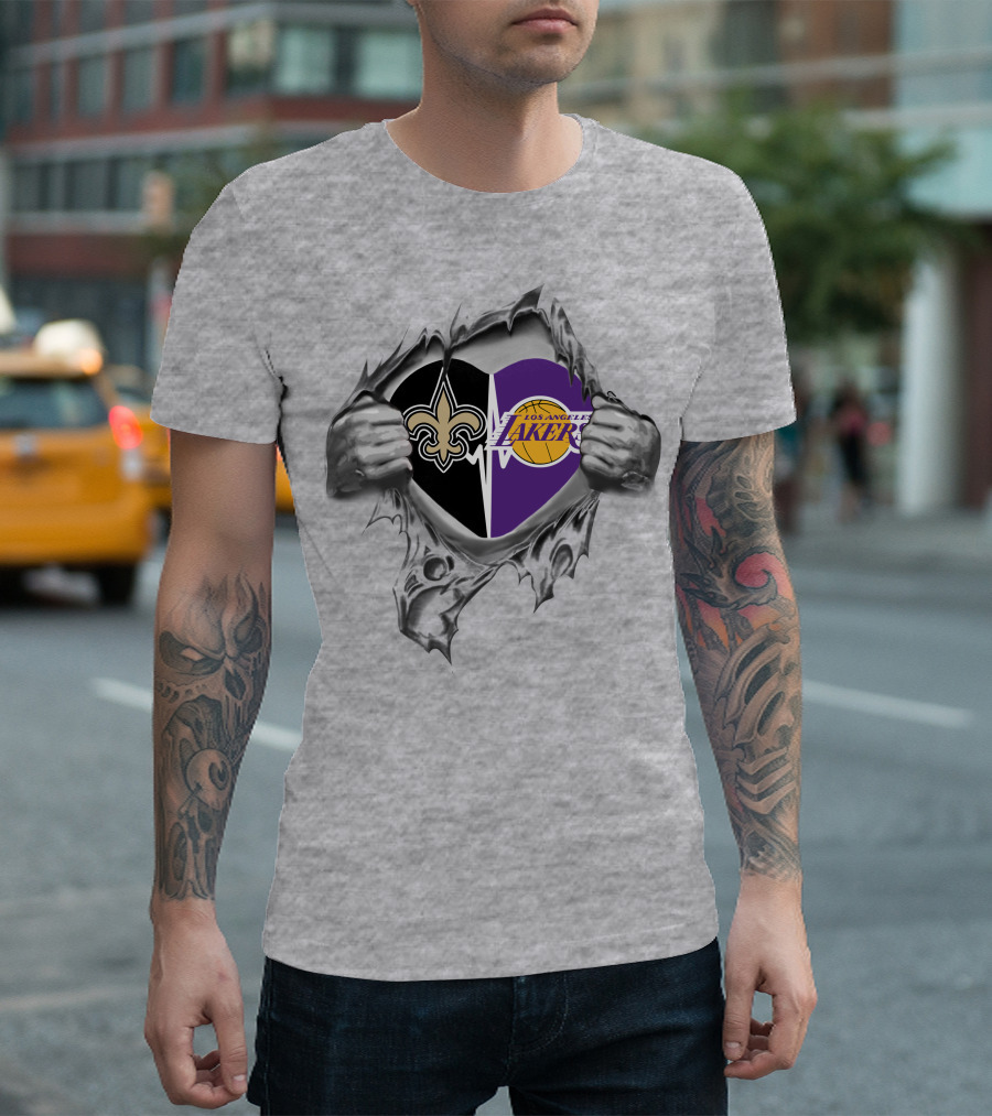 Lakers New Orleans Saints Heart With Logos Tearing T-Shirt