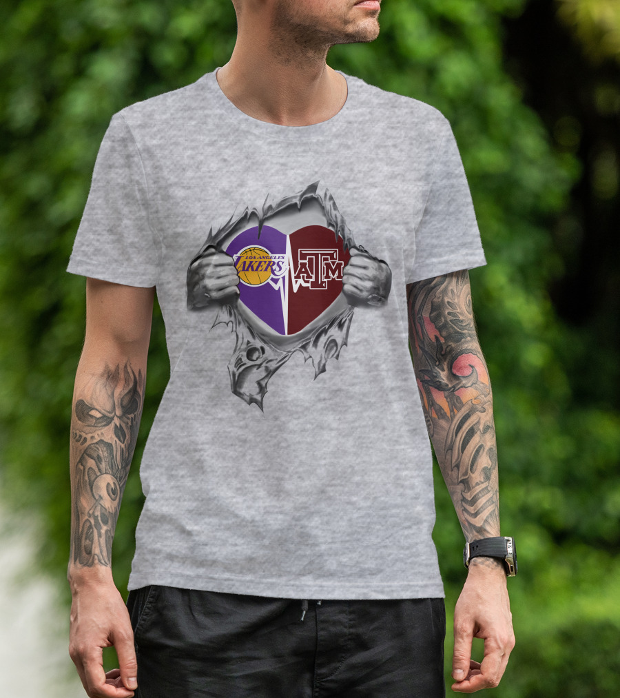Los Angeles Lakers And Texas A&M Aggies Heart Inside Ripped Silver Hands T-Shirt