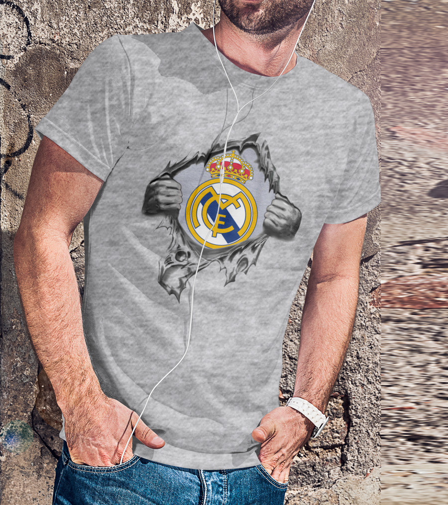 Real Madrid Super Fan Logo Symbol With Hands Ripping Through T-Shirt