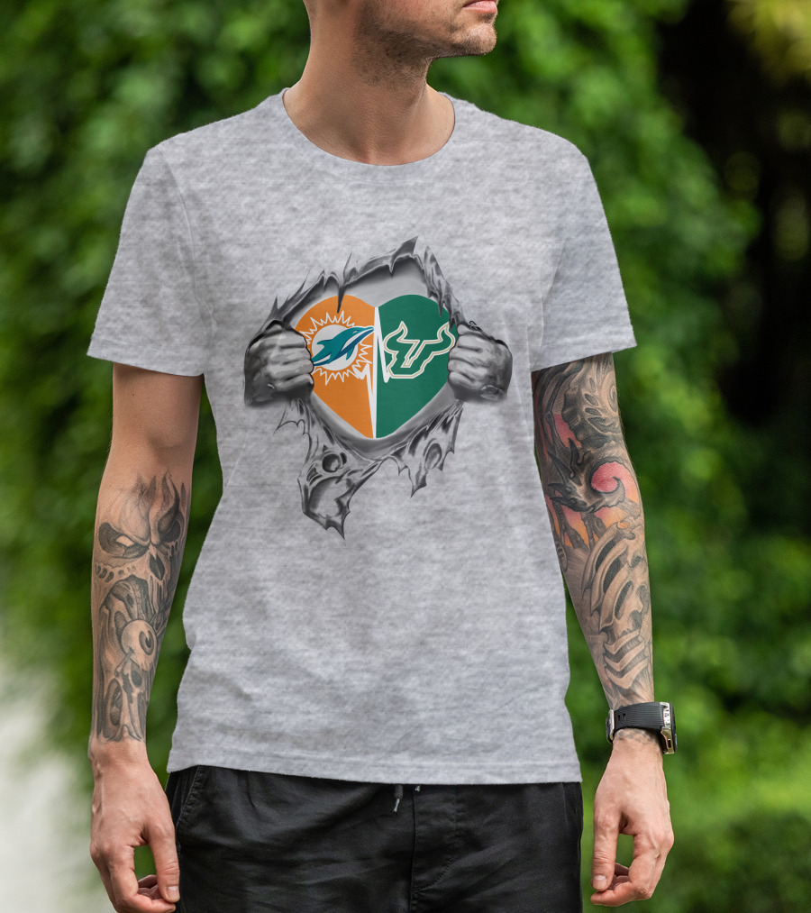 Miami Dolphins And South Florida Bulls Heart T-Shirt