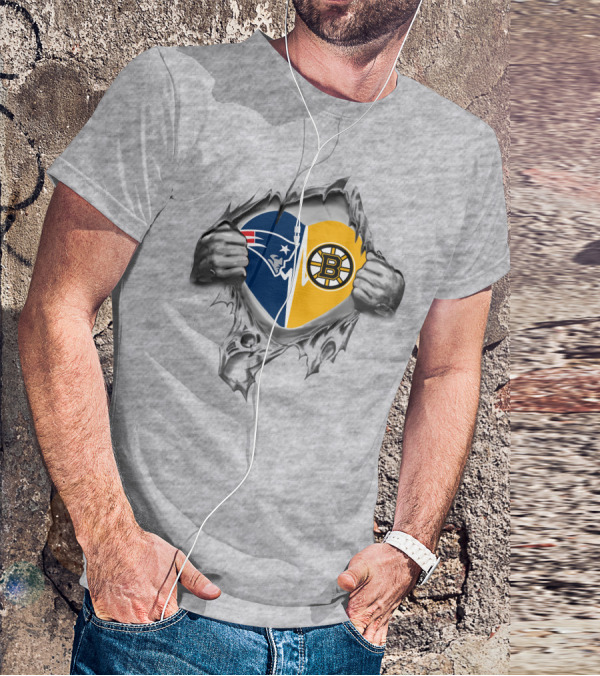 Patriots Bruins It's In My Heart Split Logo Heart T-Shirt