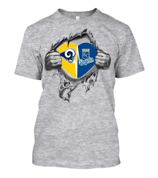 Kansas City Royals And Rams Heart Design With Ripping Hands T-Shirt
