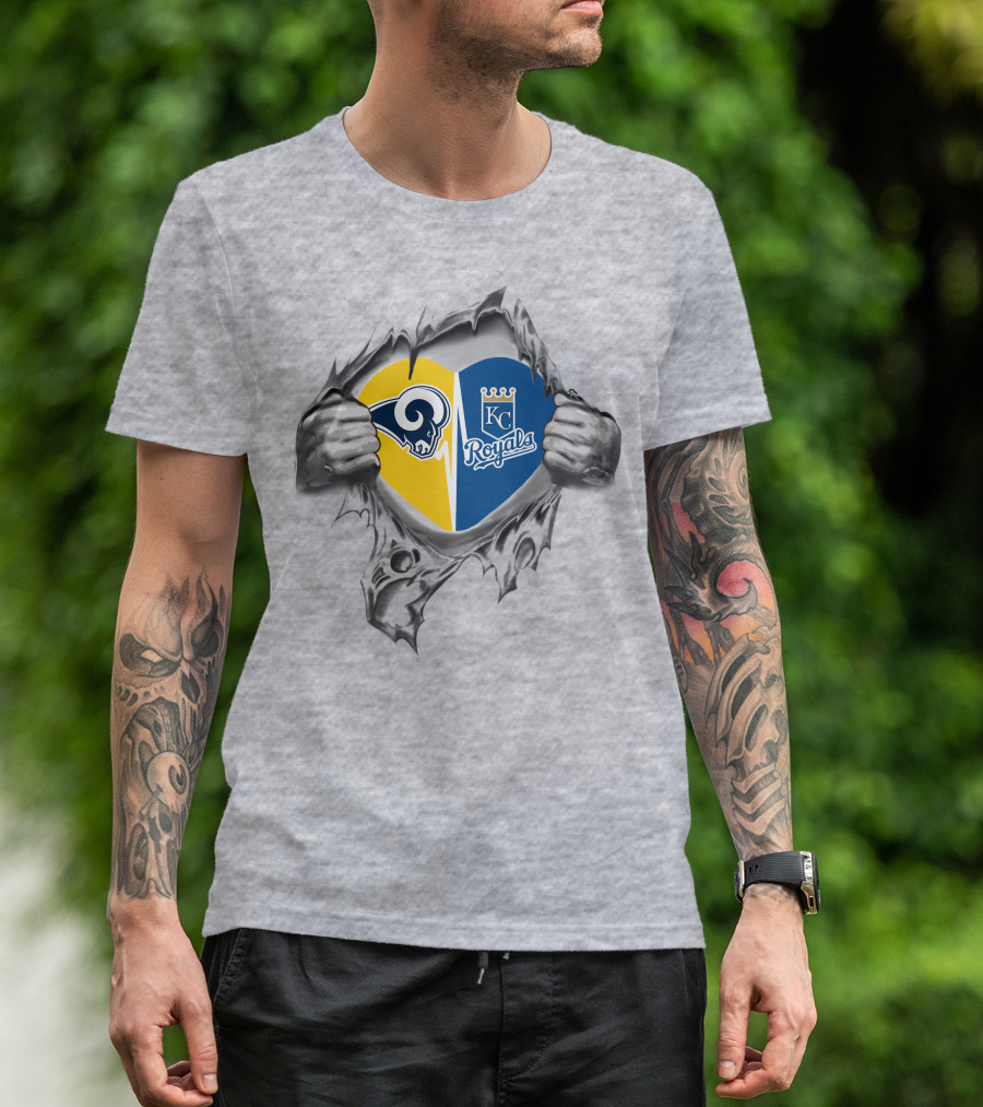 Kansas City Royals And Rams Heart Design With Ripping Hands T-Shirt