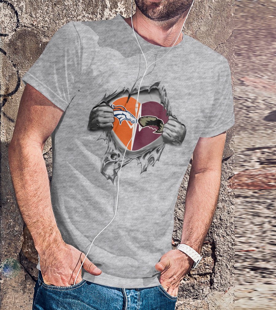 Broncos Denver Pioneers It's In My Heart Bronco And Pioneer Heart Split T-Shirt