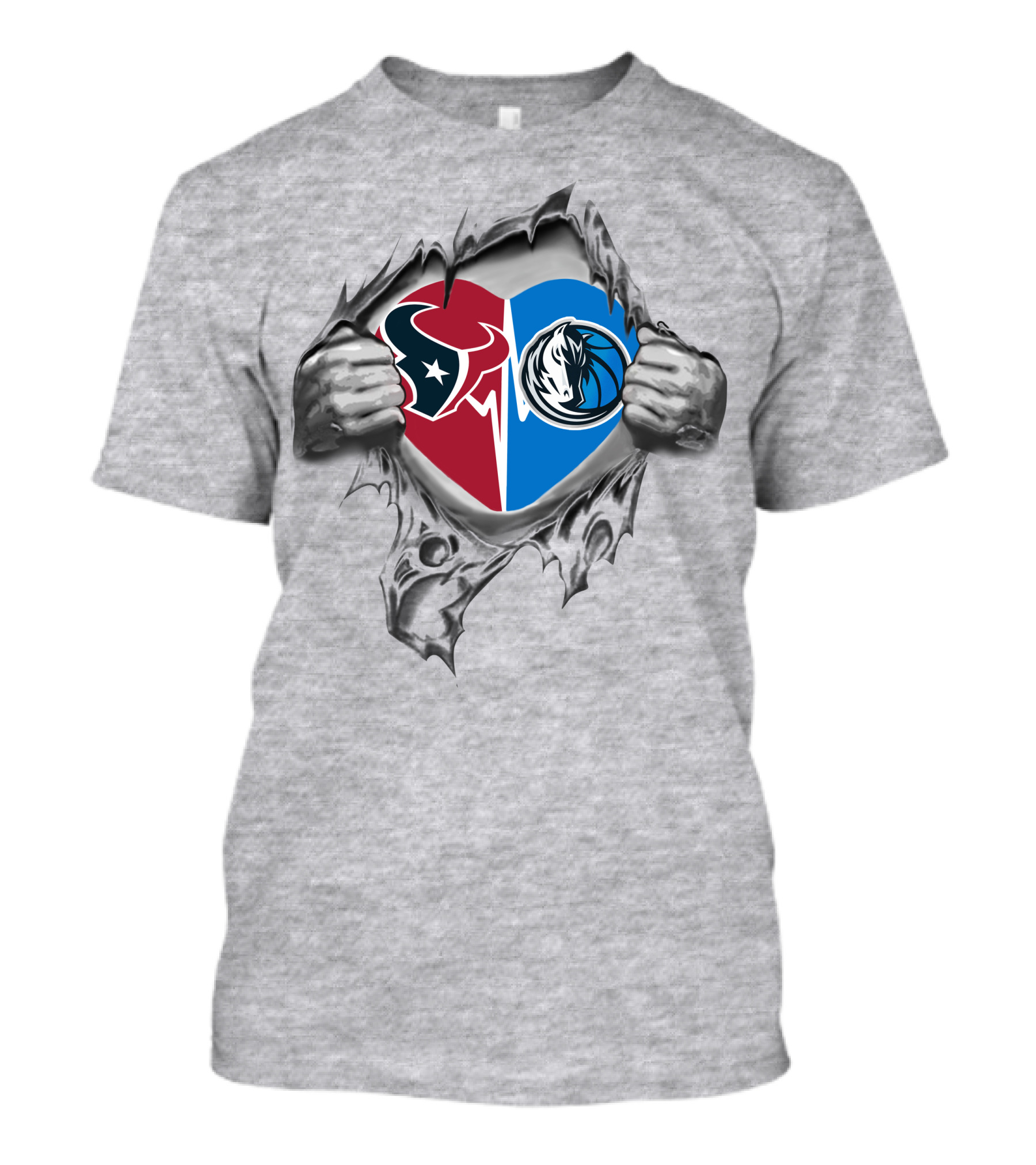 Texans Dallas Mavericks Heart Symbol Inside Torn Silver Hands T-Shirt
