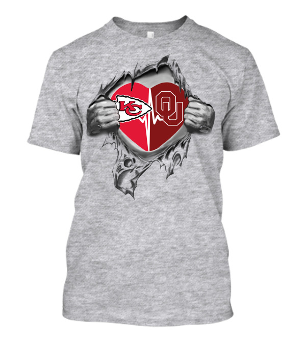 Oklahoma Sooners And Kansas City Chiefs Heart Rip T-Shirt