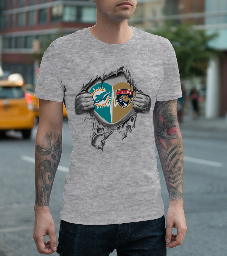 Miami Dolphins Florida Panthers Heart Design 27 Fan Tribute T-Shirt