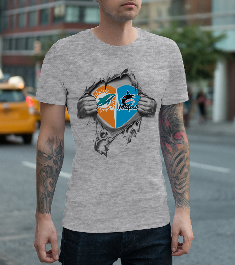 Miami Dolphins And Marlins Heart Design 28 Dolphins It's In My Heart T-Shirt