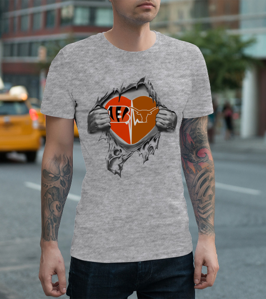 Bengals Texas Longhorns Heart Design With Logo Elements And Symbolic T-Shirt