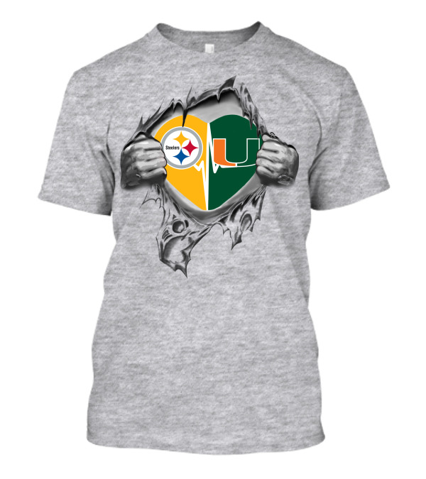 Steelers Miami Hurricanes Heart Symbol With Logos T-Shirt