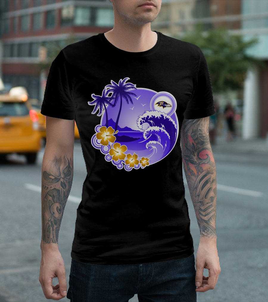 Baltimore Ravens Happy Holidays Tropical Paradise With Wave And Flowers T-Shirt