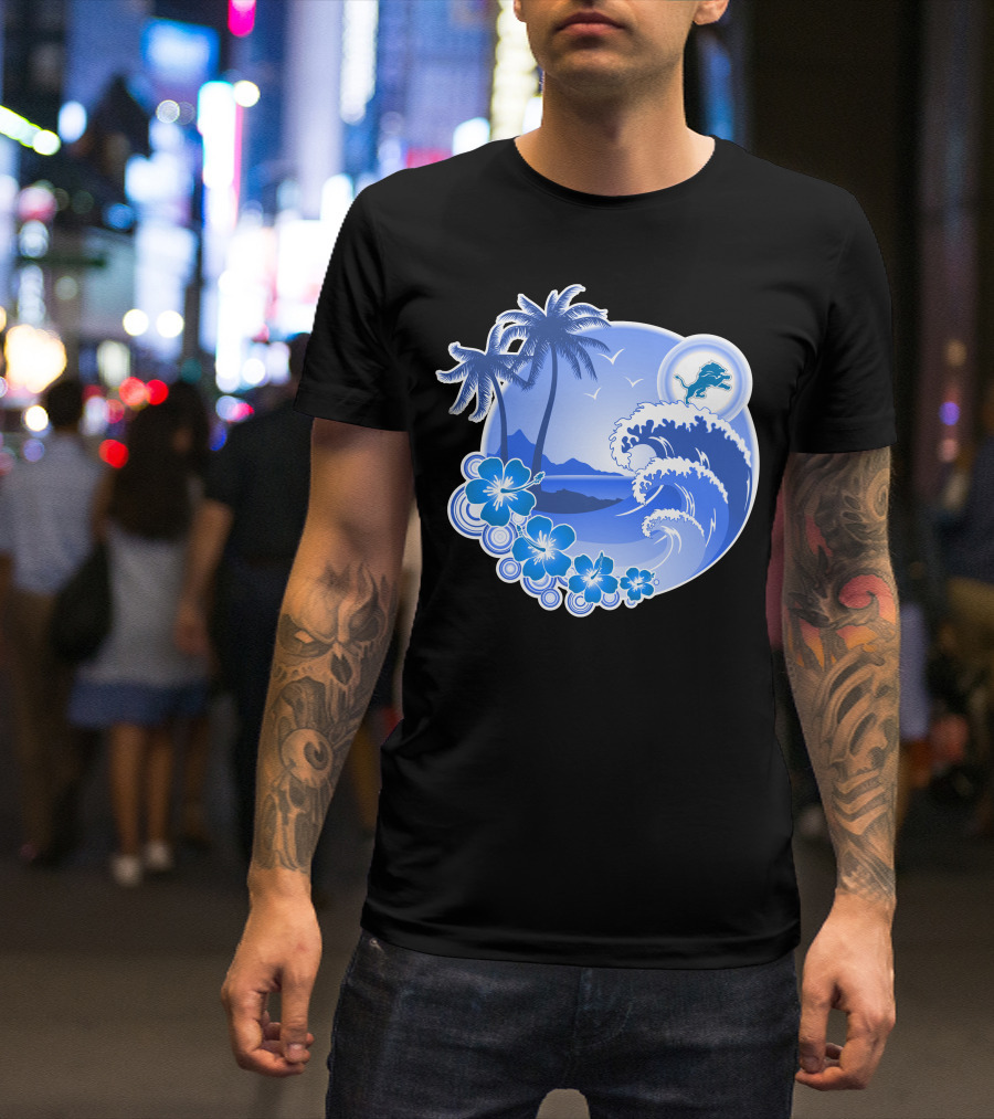 Detroit Lions Happy Holidays Tropical Wave And Palm Trees T-Shirt