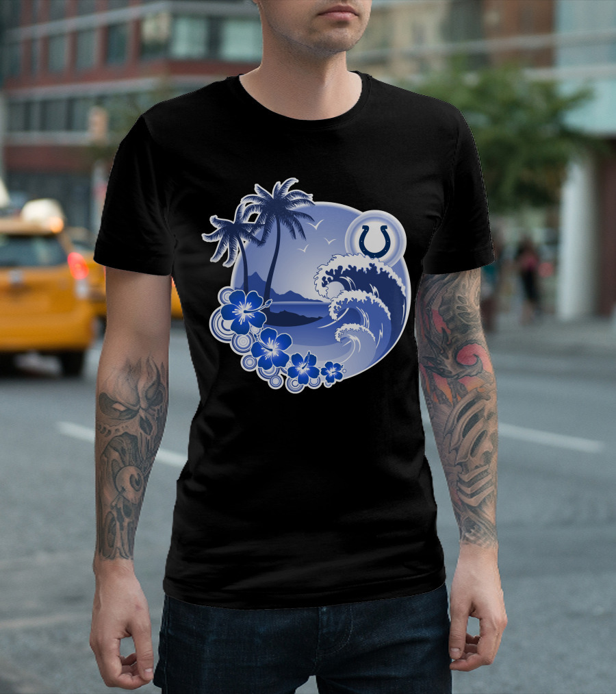 Indianapolis Colts Happy Holidays Wave And Palm Trees With Horseshoe T-Shirt