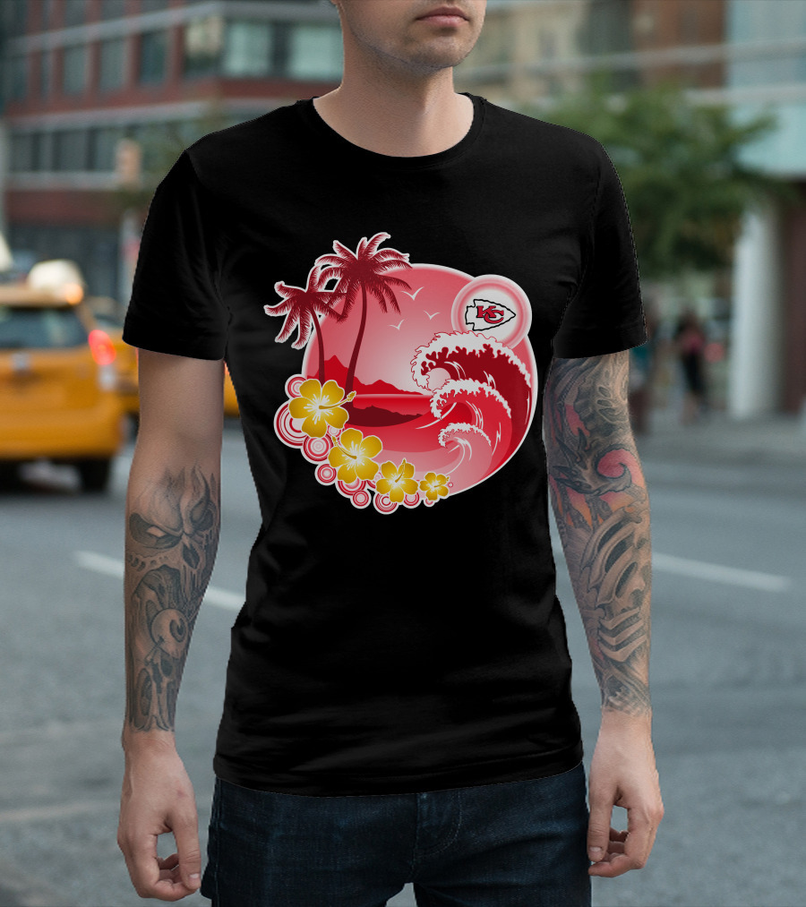 Kansas City Chiefs Happy Holidays Beach Wave Palm Trees Flowers Red T-Shirt